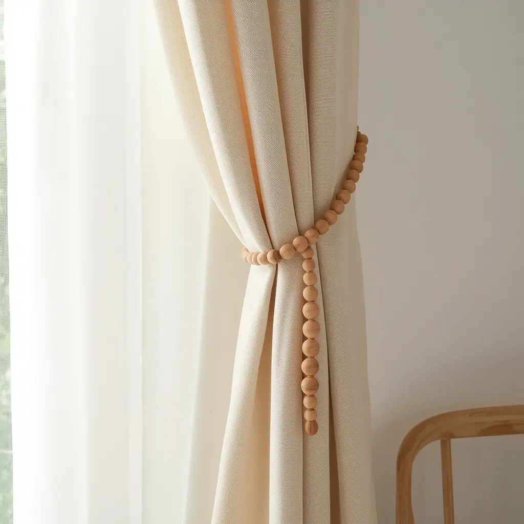 Wood bead magnetic curtain tiebacks styled for living room curtains
